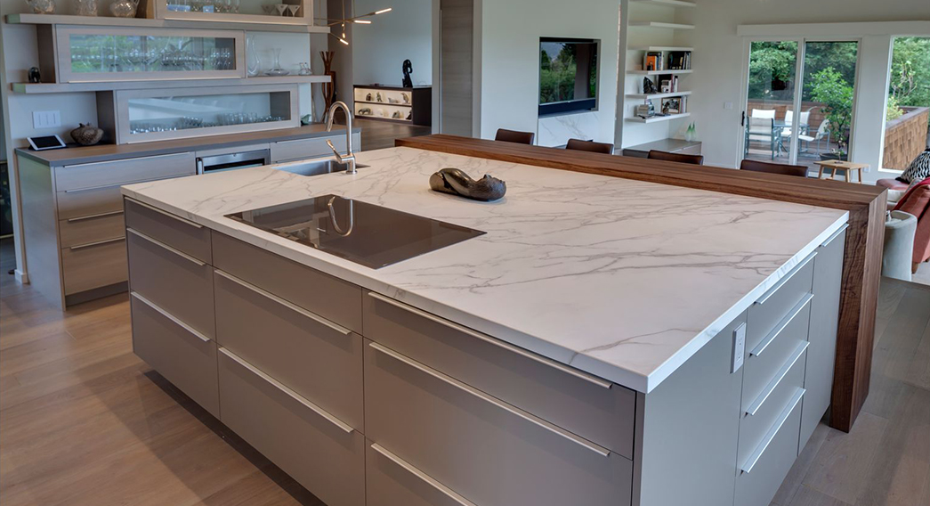 custom white marble stone kitchen counter and island