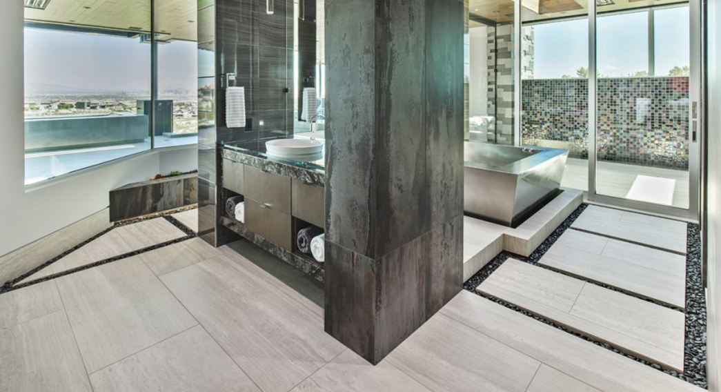 Neolith Bathroom Countertops, Vanity, Wall Cladding, Cabinets, Flooring, Bathroom Floor Stepping Stones Surrounded by Rock Pebbles